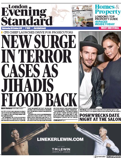 London Evening Standard Newspaper Front Page for 26 October 2017