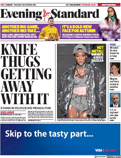 London Evening Standard Newspaper Front Page for 26 October 2018