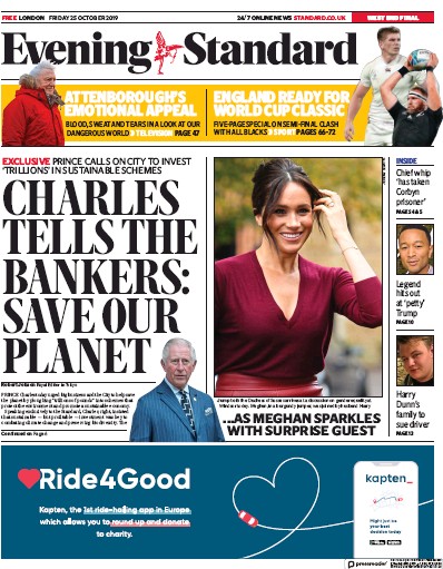 London Evening Standard Newspaper Front Page for 26 October 2019