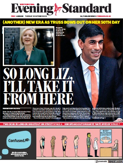 London Evening Standard Newspaper Front Page for 26 October 2022
