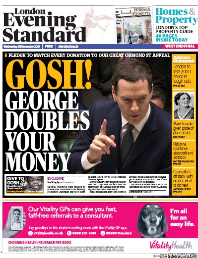 London Evening Standard (UK) Newspaper Front Page for 26 November 2015