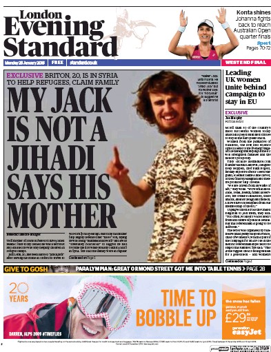London Evening Standard (UK) Newspaper Front Page for 26 January 2016