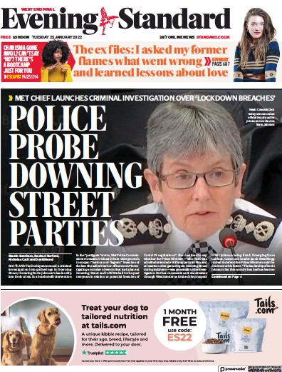 London Evening Standard (UK) Newspaper Front Page for 26 January 2022