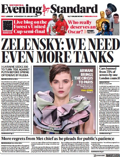 London Evening Standard (UK) Newspaper Front Page for 26 January 2023