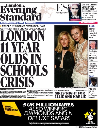 London Evening Standard Newspaper Front Page for 26 February 2016