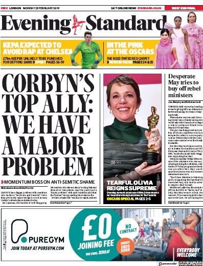 London Evening Standard Newspaper Front Page for 26 February 2019