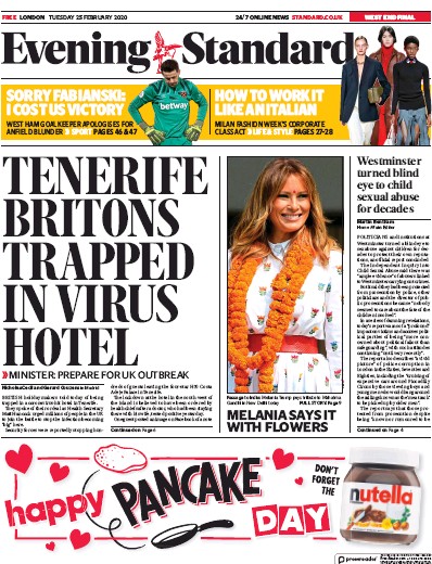 London Evening Standard (UK) Newspaper Front Page for 26 February 2020
