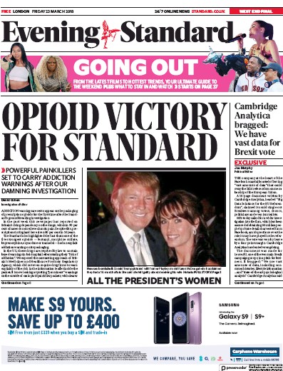 London Evening Standard Newspaper Front Page for 26 March 2018