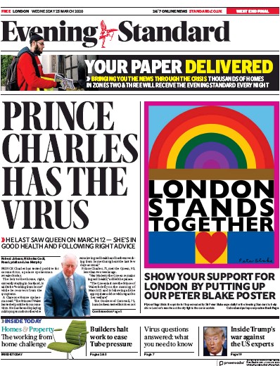 London Evening Standard Newspaper Front Page for 26 March 2020