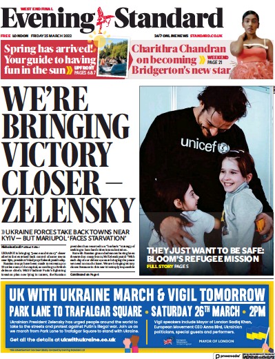 London Evening Standard Newspaper Front Page for 26 March 2022