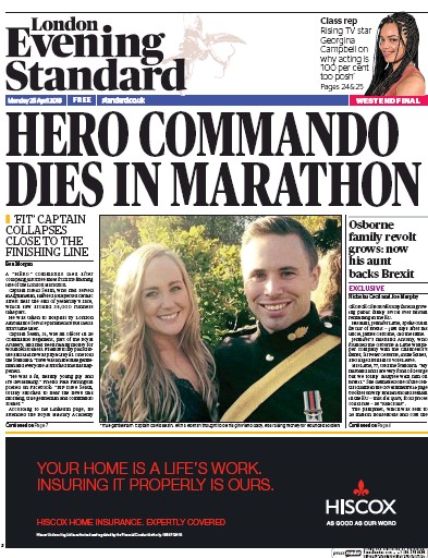 London Evening Standard Newspaper Front Page for 26 April 2016