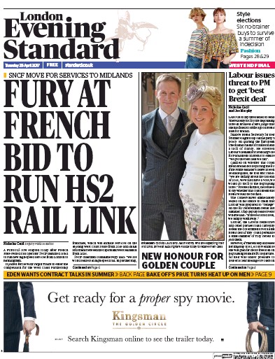 London Evening Standard Newspaper Front Page for 26 April 2017