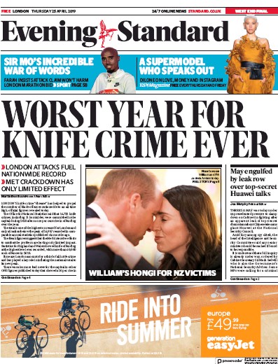London Evening Standard Newspaper Front Page for 26 April 2019
