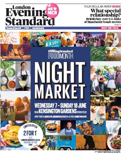 London Evening Standard Newspaper Front Page for 26 May 2017