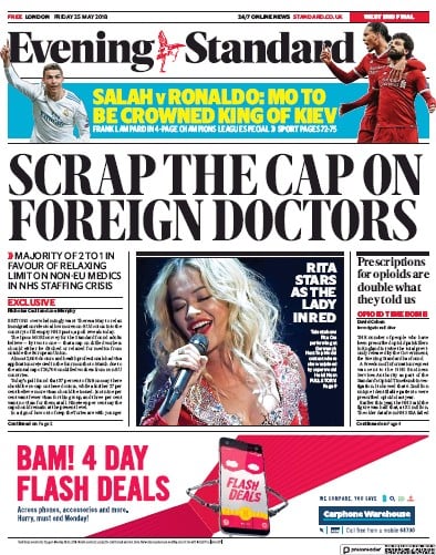 London Evening Standard Newspaper Front Page for 26 May 2018