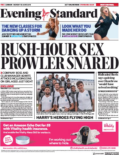 London Evening Standard Newspaper Front Page for 26 June 2018