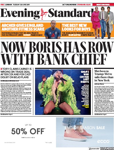London Evening Standard Newspaper Front Page for 26 June 2019