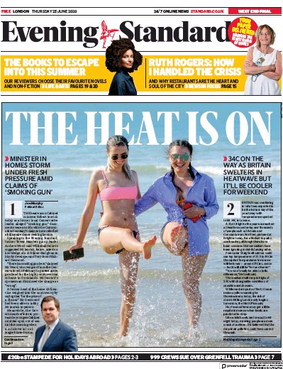 London Evening Standard Newspaper Front Page for 26 June 2020