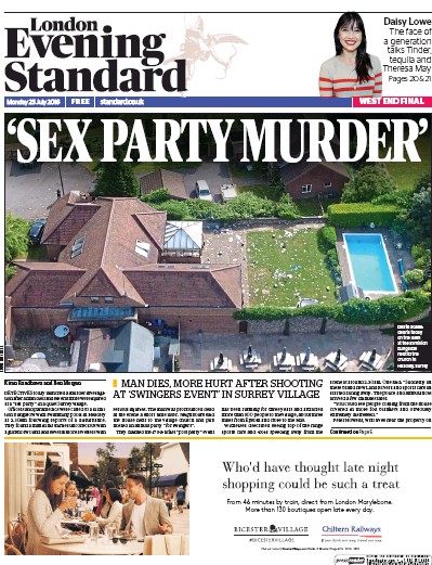 London Evening Standard Newspaper Front Page for 26 July 2016