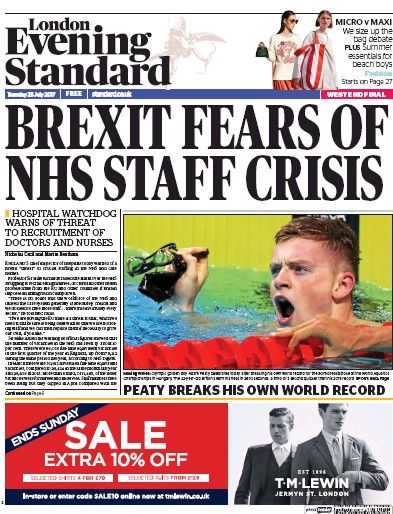 London Evening Standard Newspaper Front Page for 26 July 2017