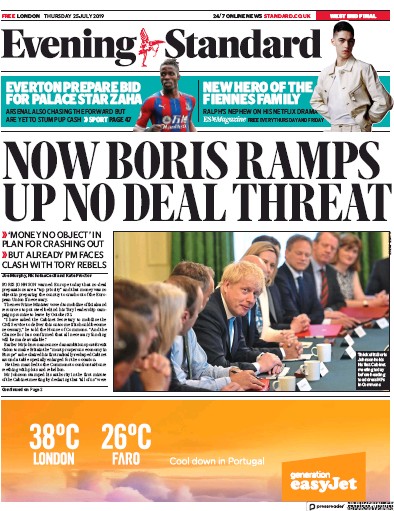 London Evening Standard Newspaper Front Page for 26 July 2019