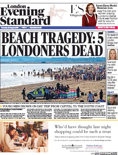 London Evening Standard Newspaper Front Page for 26 August 2016