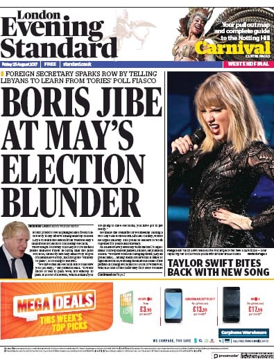 London Evening Standard Newspaper Front Page for 26 August 2017