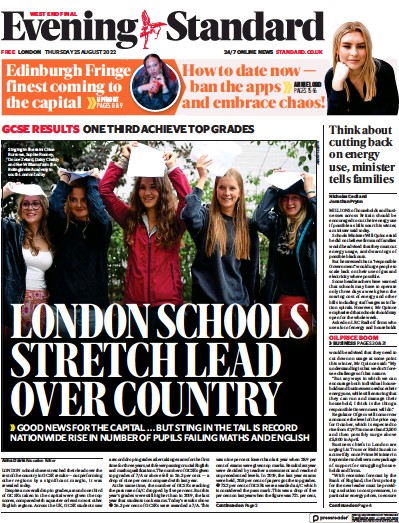 London Evening Standard (UK) Newspaper Front Page for 26 August 2022