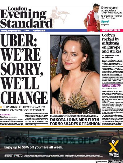 London Evening Standard (UK) Newspaper Front Page for 26 September 2017