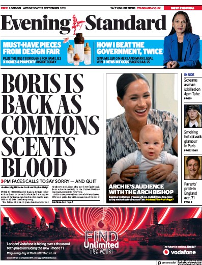 London Evening Standard (UK) Newspaper Front Page for 26 September 2019