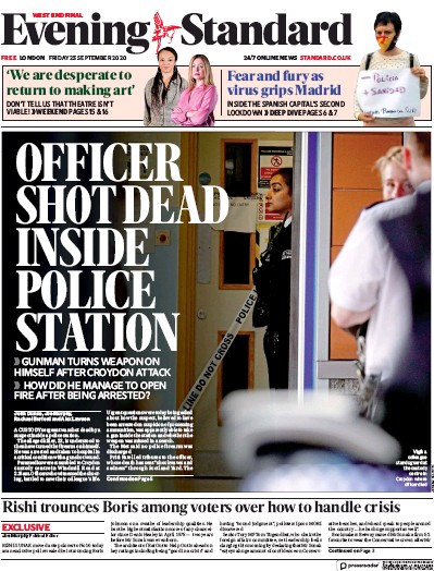 London Evening Standard (UK) Newspaper Front Page for 26 September 2020