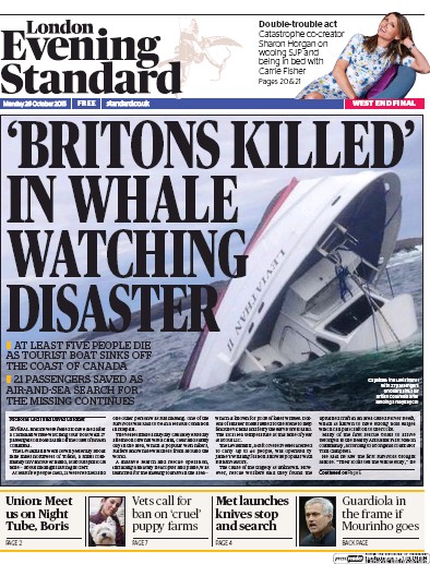 London Evening Standard (UK) Newspaper Front Page for 27 October 2015