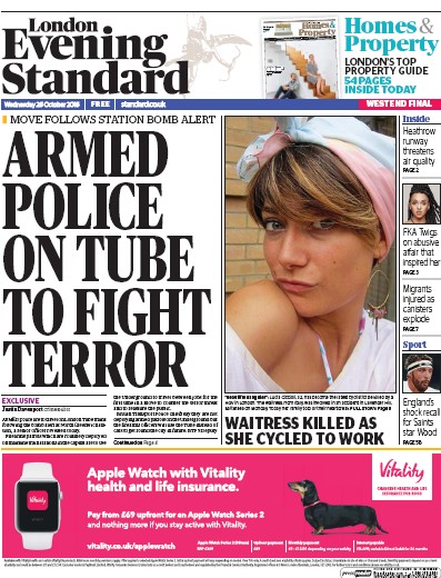 London Evening Standard Newspaper Front Page for 27 October 2016