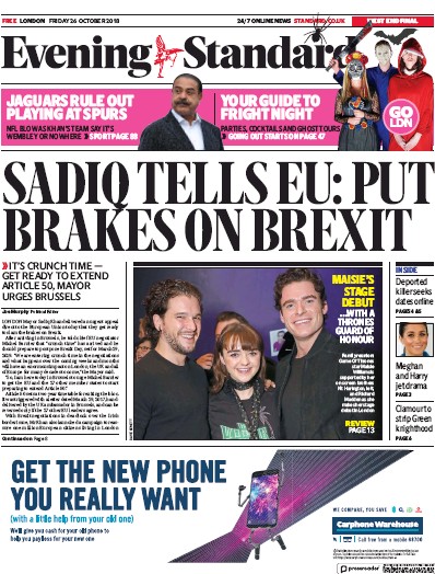 London Evening Standard Newspaper Front Page for 27 October 2018