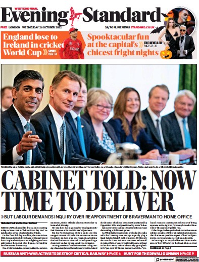 London Evening Standard Newspaper Front Page for 27 October 2022