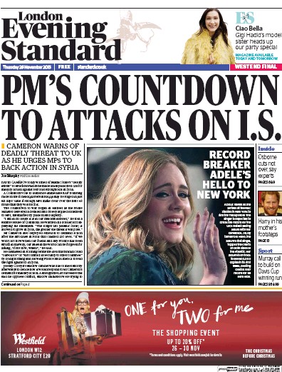 London Evening Standard Newspaper Front Page for 27 November 2015