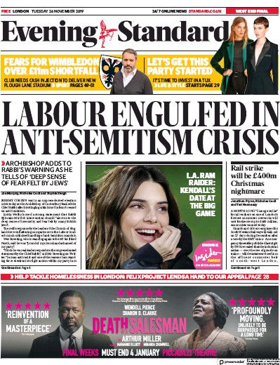London Evening Standard Newspaper Front Page for 27 November 2019
