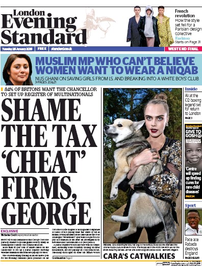 London Evening Standard Newspaper Front Page for 27 January 2016