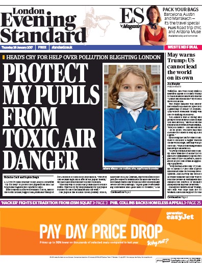 London Evening Standard Newspaper Front Page for 27 January 2017