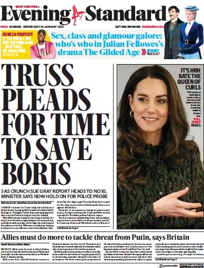 London Evening Standard (UK) Newspaper Front Page for 27 January 2022