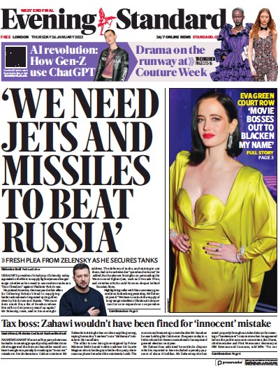 London Evening Standard (UK) Newspaper Front Page for 27 January 2023
