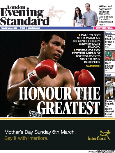 London Evening Standard Newspaper Front Page for 27 February 2016