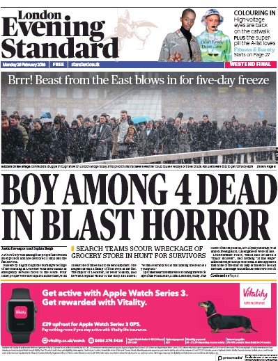 London Evening Standard Newspaper Front Page for 27 February 2018