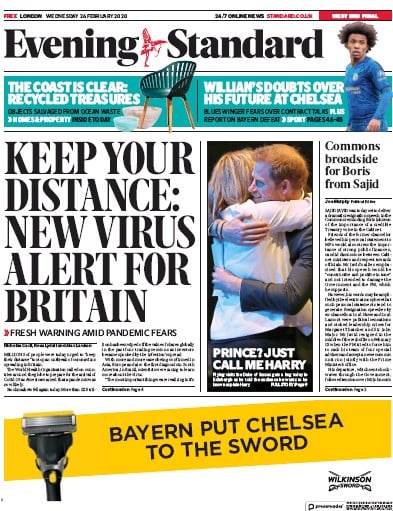 London Evening Standard Newspaper Front Page for 27 February 2020