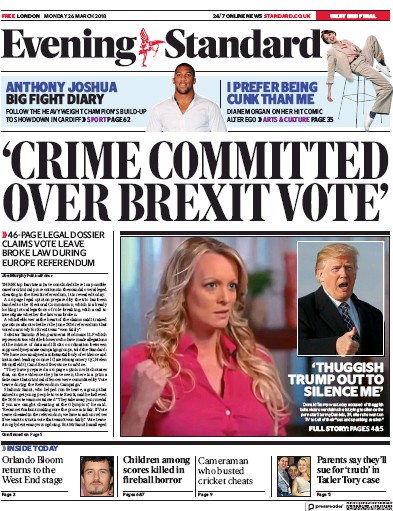 London Evening Standard Newspaper Front Page for 27 March 2018