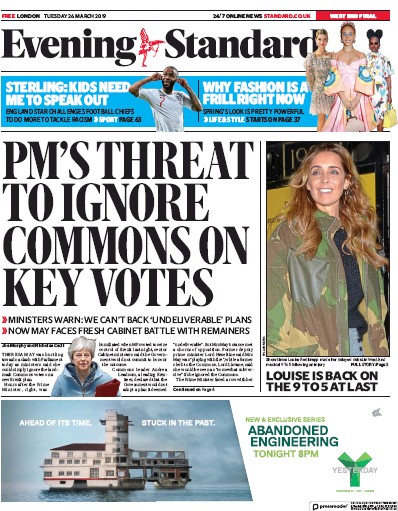 London Evening Standard Newspaper Front Page for 27 March 2019