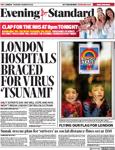 London Evening Standard Newspaper Front Page for 27 March 2020