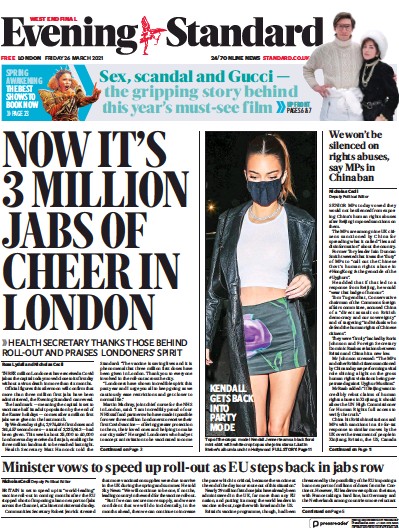 London Evening Standard (UK) Newspaper Front Page for 27 March 2021