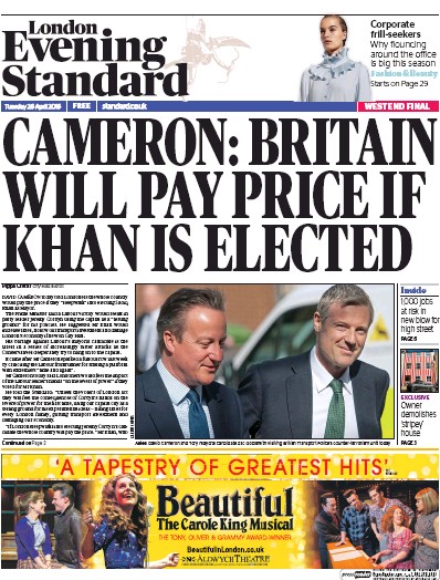 London Evening Standard Newspaper Front Page for 27 April 2016