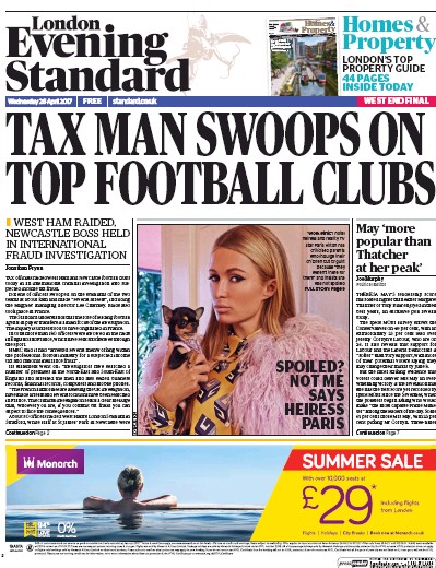 London Evening Standard Newspaper Front Page for 27 April 2017